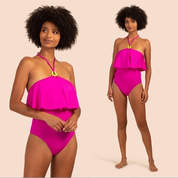 Trina Turk • halter high neck swimsuit one piece orchid flounce fuchsia pink - Picture 1 of 14